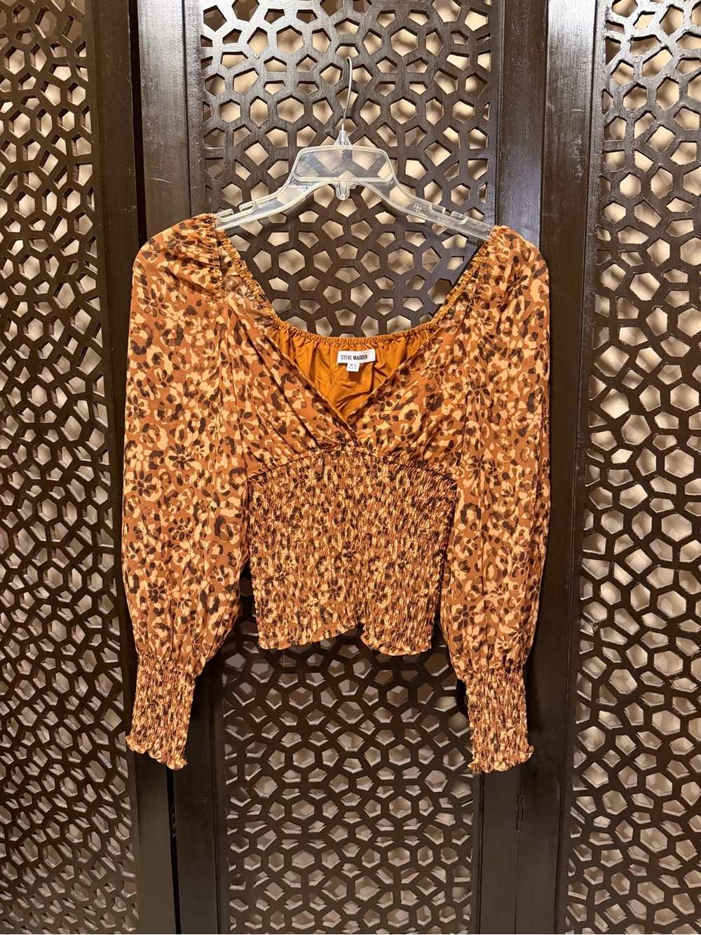 Steve Madden Rust Leopard-Print Smocked Peasant Blouse